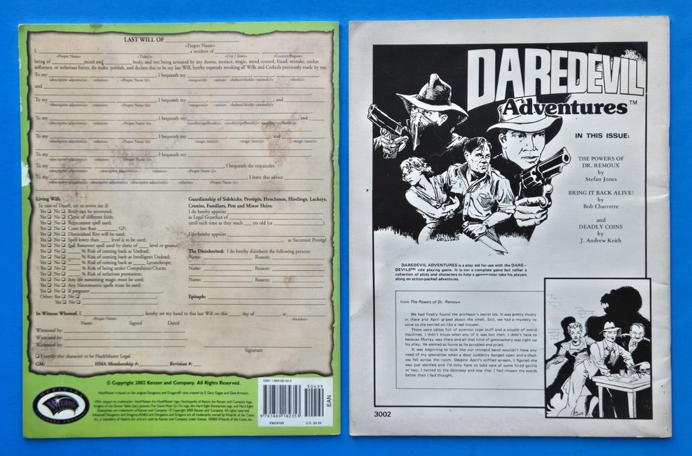 HackMaster Player Character Record 4th Edition Daredevil Adventures Deadly Coins
