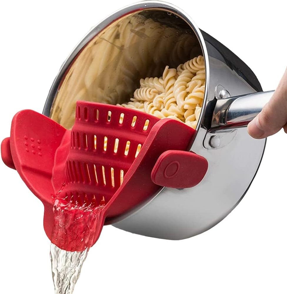 Gizmo Snap N Strain Pot & Pasta Strainer - Adjustable Silicone Clip- RED