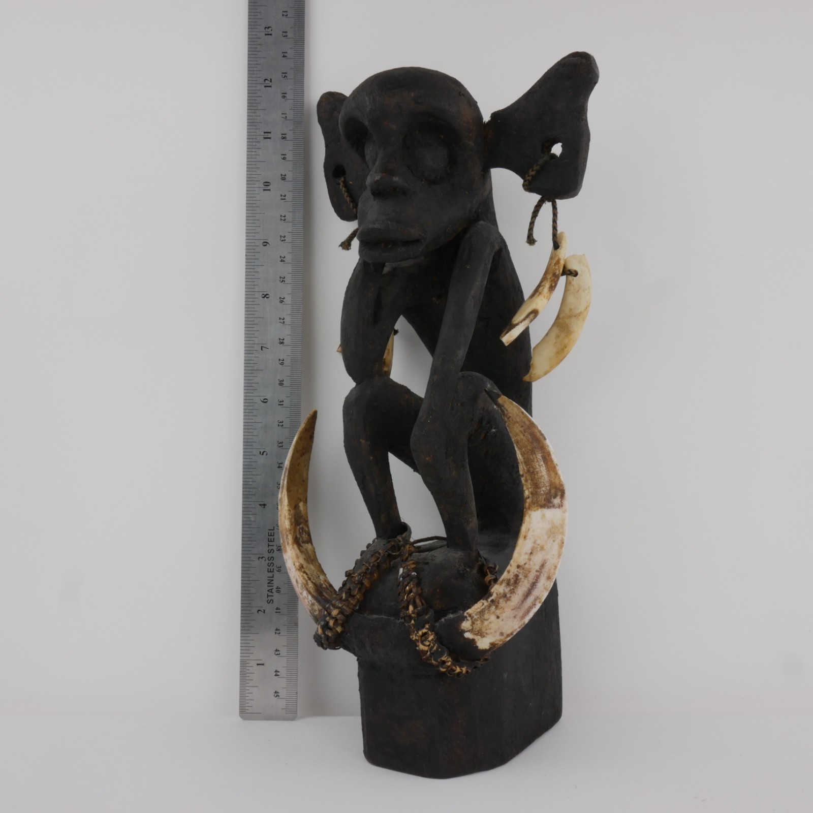 1992 Borneo Dayak Wood Monkey Figure - Real Boar Tusks - Sibu Sarawak