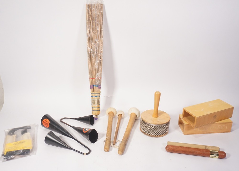Vintage Percussion Drum Music Bundle with Mallets Brushes Cabasa
