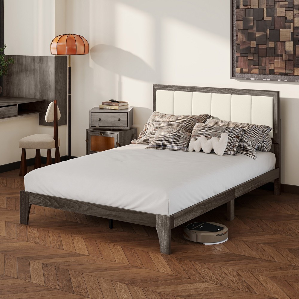 Full Size Bed Frame with Upholstered Headboard, Platform Bed Frame, Gray