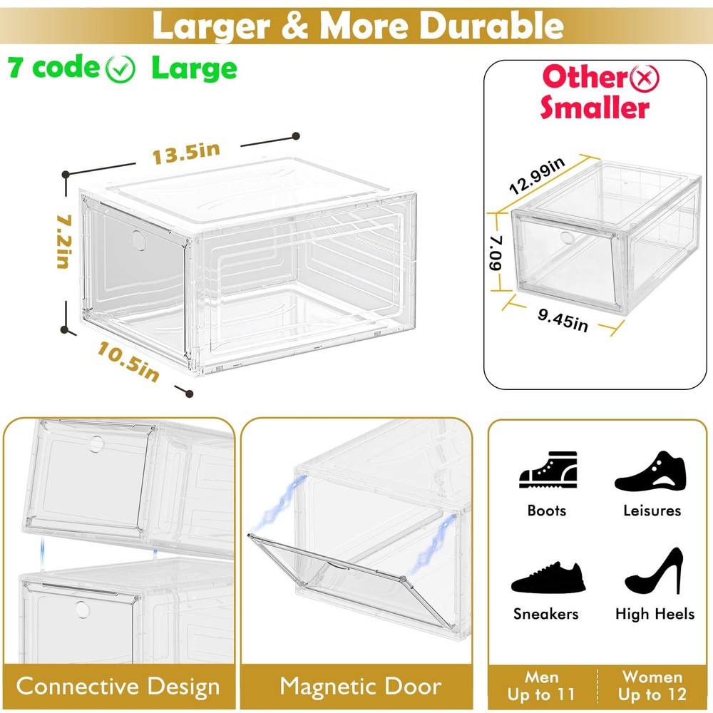 7 code Large Clear Shoe Boxes Organizer【Thicker Material】 9 pcs, White