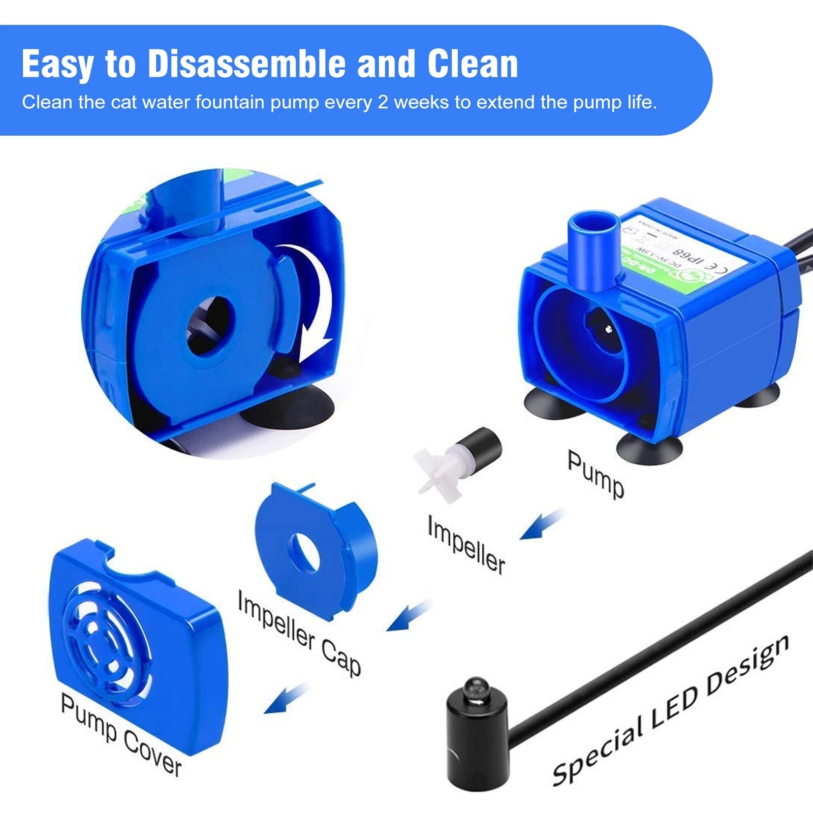 Pet Water Dispenser USB Rechargeable Cat Drinking Fountain Pump with LED Light