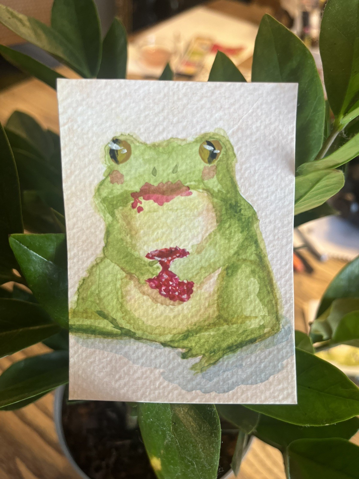 ACEO PRINT Raspberry Fruit Frog sneaks a bite Watercolor Painting 3.5x2.5