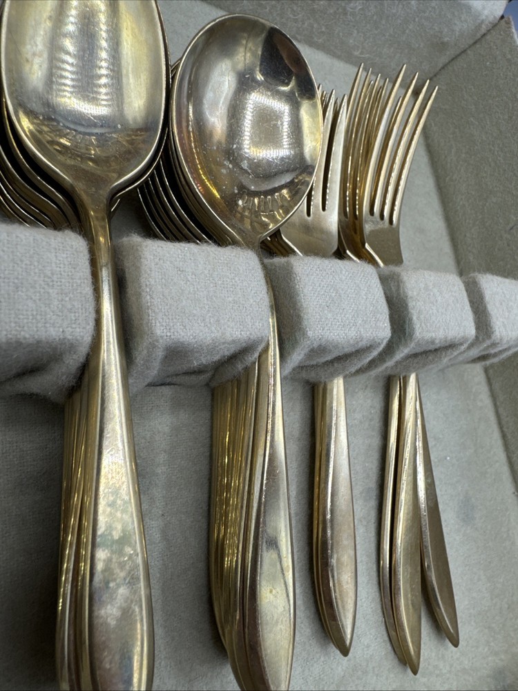 DIRILYTE DIRIGOLD Gold Tone Silverware Flatware 55 pc Box MCM Mid Century