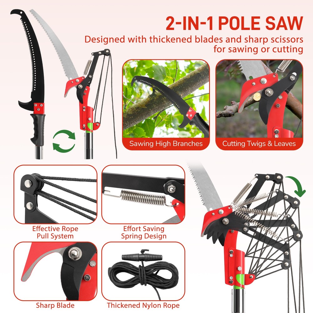 26ft Manual Pole Saw, Lightweight Tree Trimmers Long Handle Pruner Set