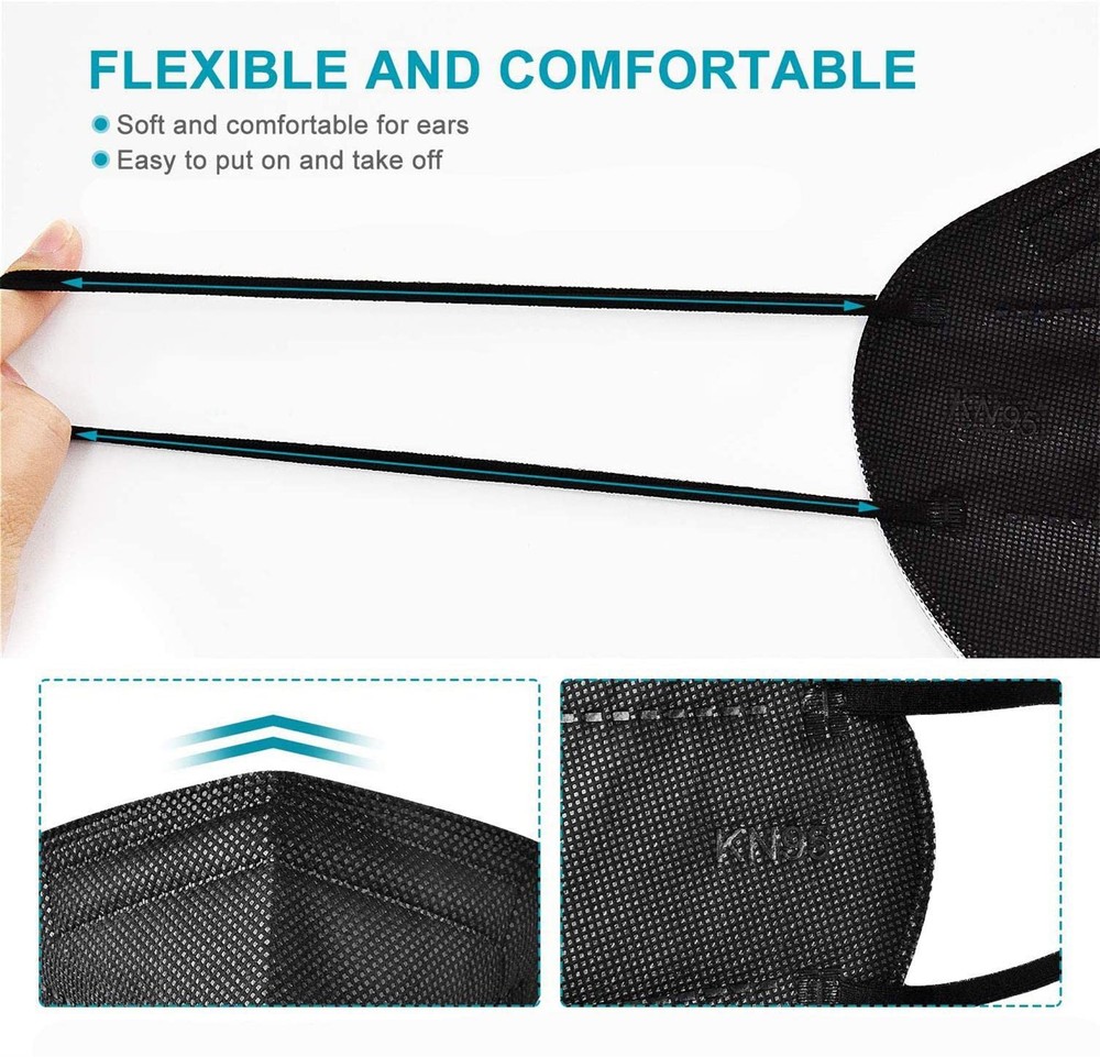 ELEMENT 50pcs KN95 Black Face Mask 5-Layer, ≥95% Filter, Breathable Ear Loops
