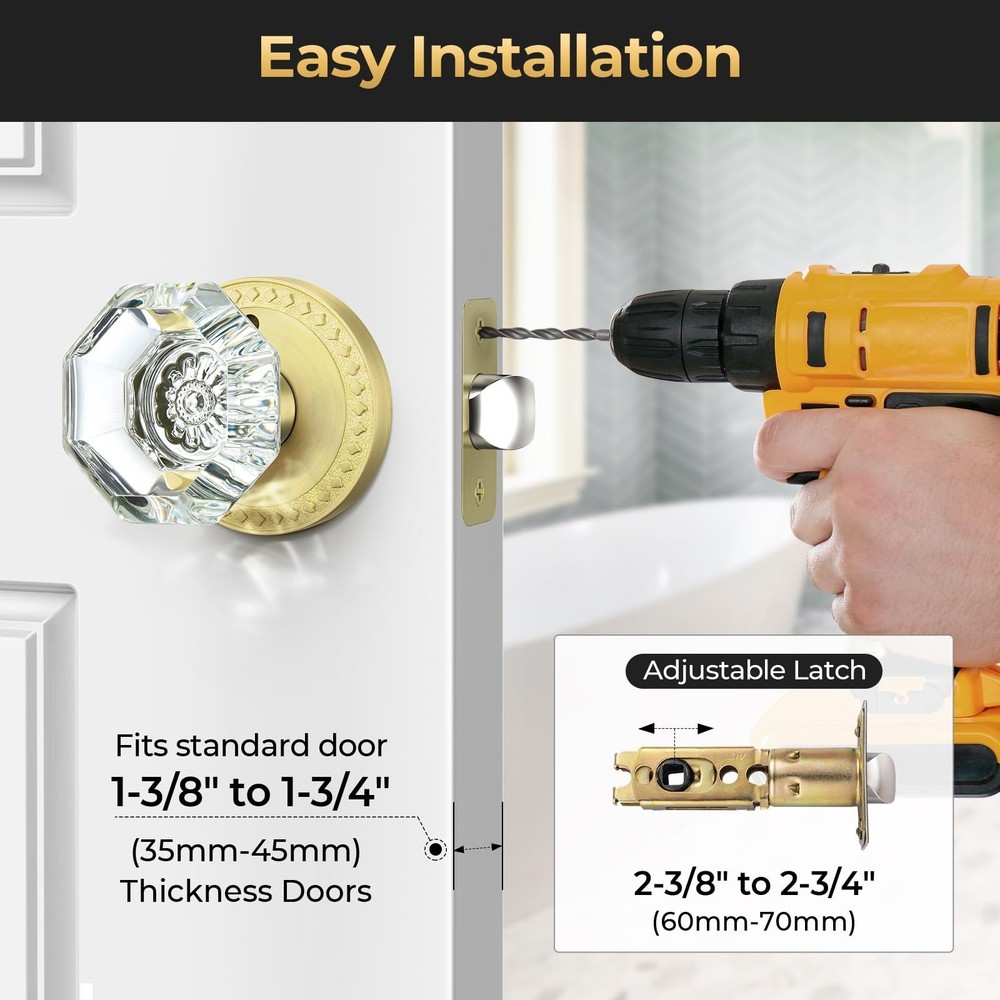 Glass Door Knobs with Lock, Gold Satin Brass Crystal Door Knobs Interior for ...