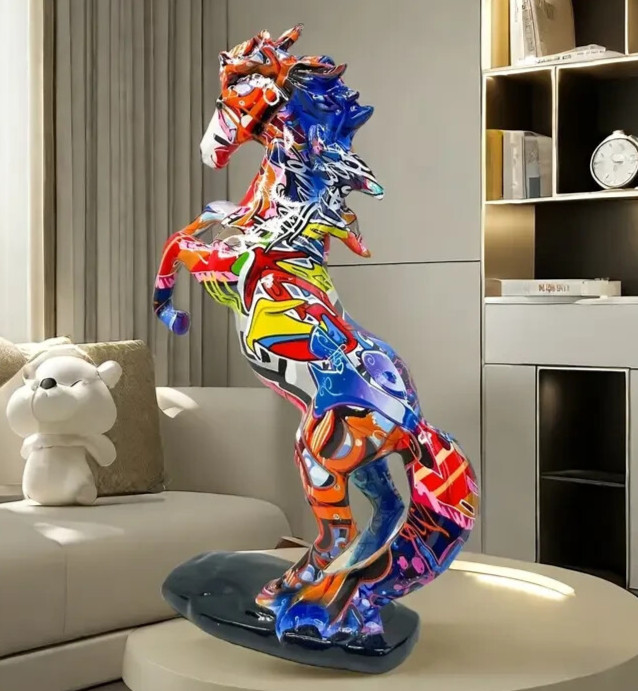 NEW Vibrant Multi Color Graffiti Standing Horse. Resin Figurine Statue 13hx9wx3d