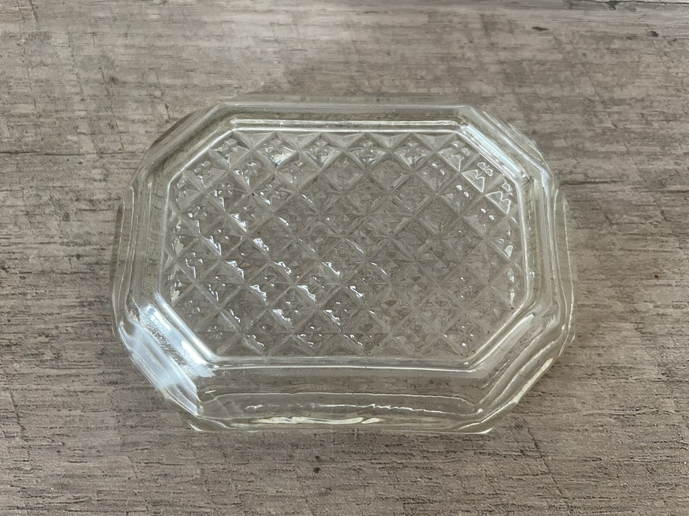 Vintage Glass Salt Cellar Rectangular Diamond Pattern Ring Dish 2.50" x 3.25"