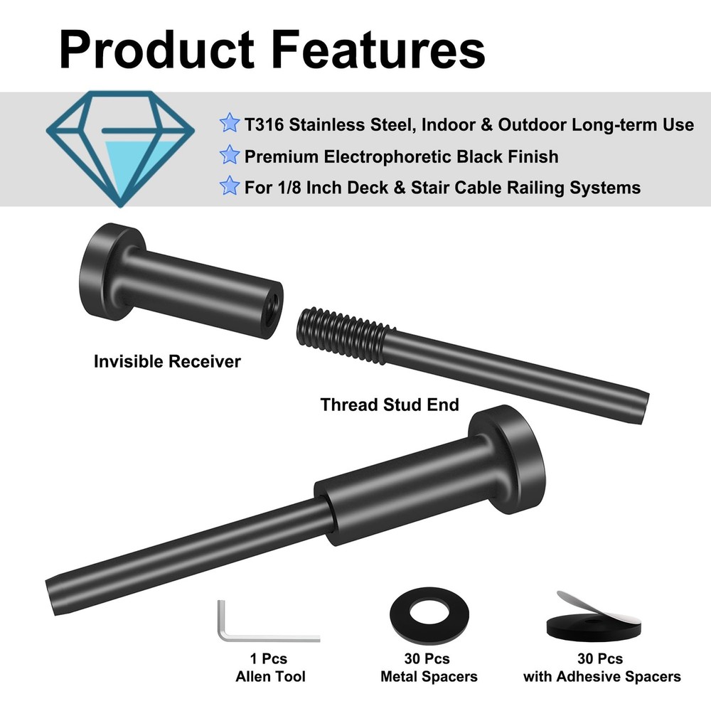 30 Pack Invisible Cable Railing Kit, Cable Railing Hardware, 316 Stainless St...