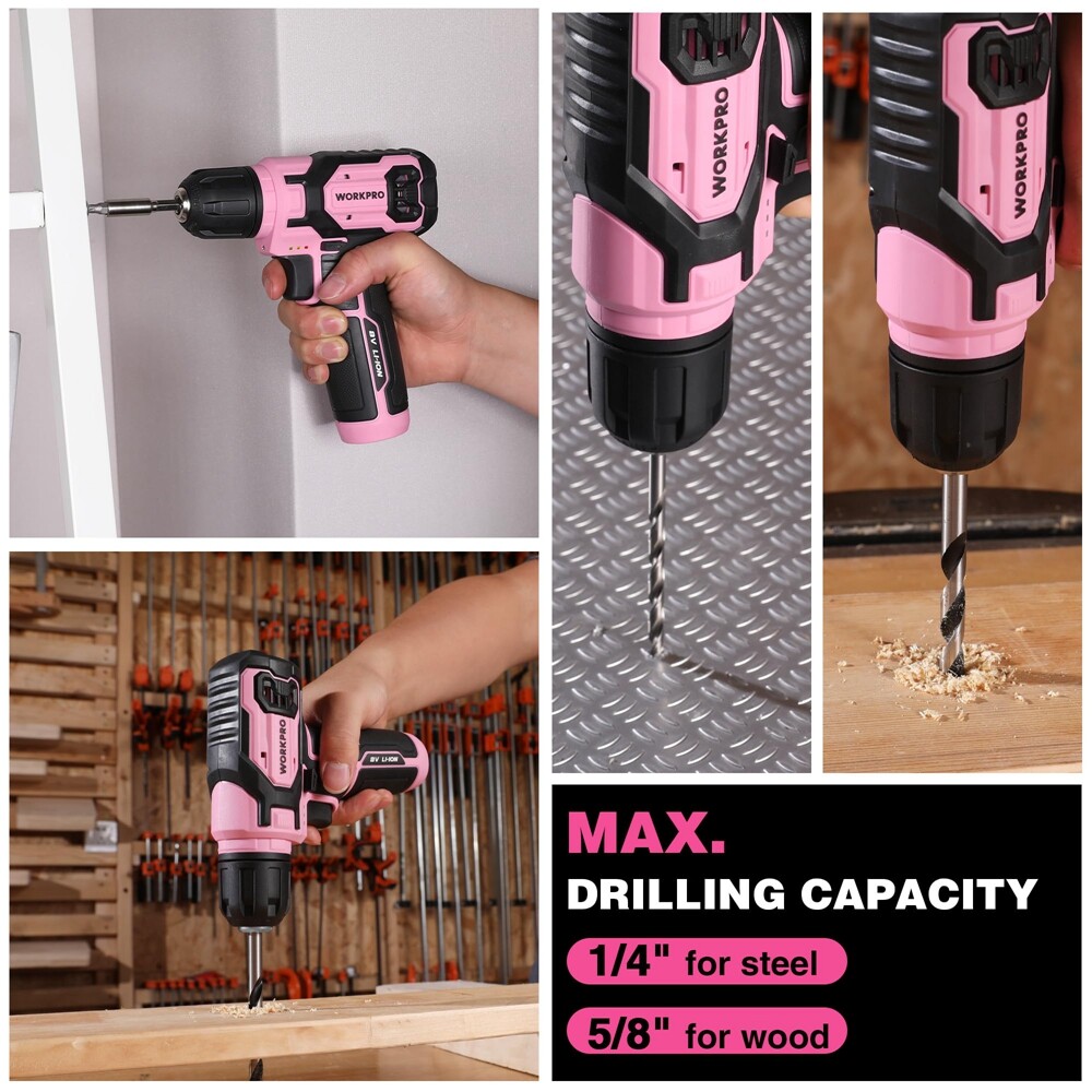 WORKPRO Pink Cordless Drill Driver Set 53pc Bit Electric Drill 3/8 Keyless Chuck
