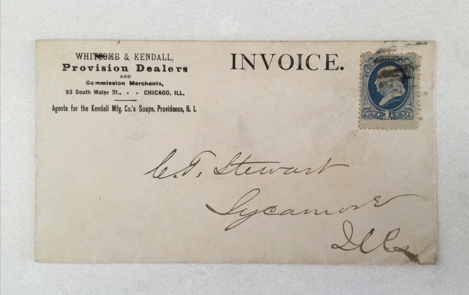1870s Whitcomb & Kendall Chicago Sycamore Illinois Ad Postal Cover Scott #182 1c
