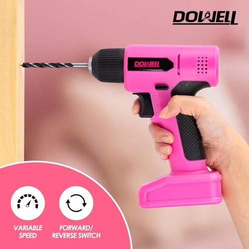 8V Cordless Drill Tool Set 58 PCS, Built-in LED, Variable Speed, Type-C Pink