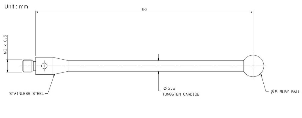 CMM Touch Probe M3 Thread Probe Stylus 5mm Ruby Ball Tips 50mm Long A-5003-0063