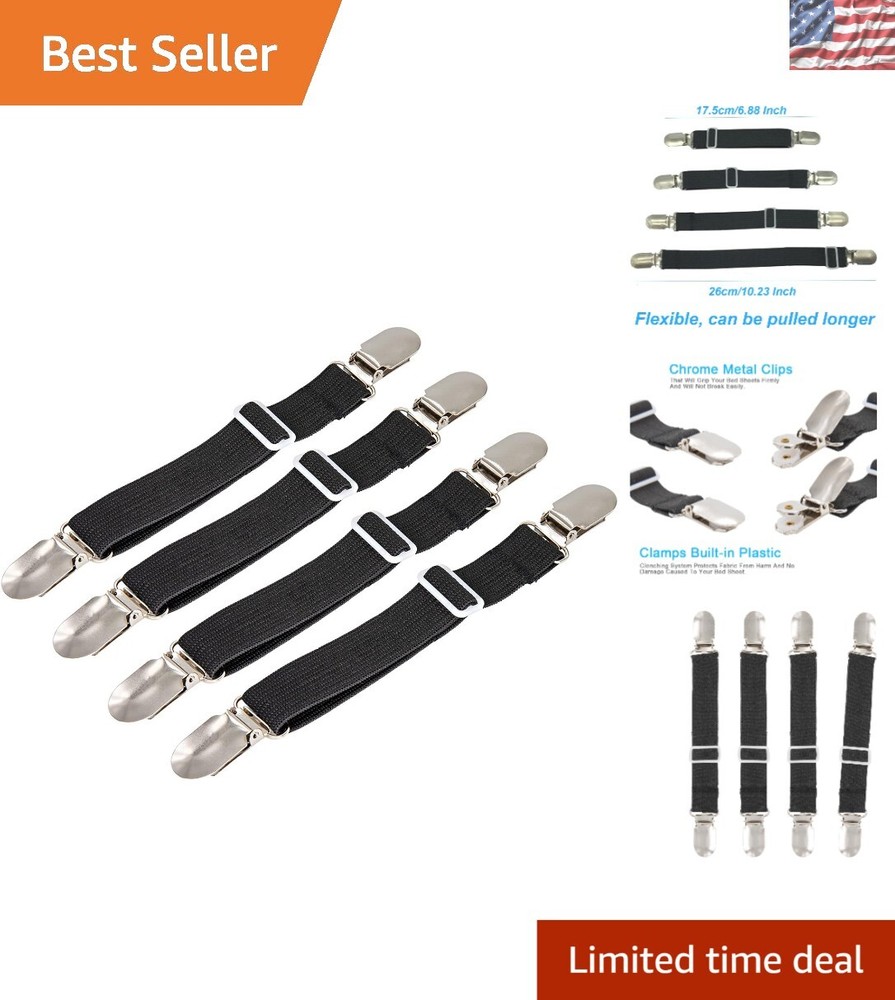 4pcs Adjustable Bed Sheet Fasteners - Durable Elastic Sheet Suspenders in Black