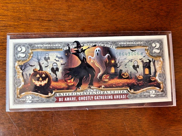 Halloween $2 bill with certificate of authenticity