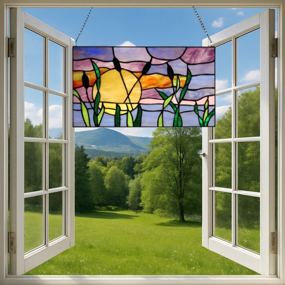 Stained Glass Window Panel Cattails in a Sunset 14inx8in
