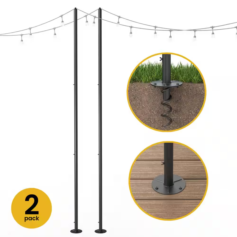 2-Pack 9 Ft. String Light Poles for Hanging Lights, Matte Black