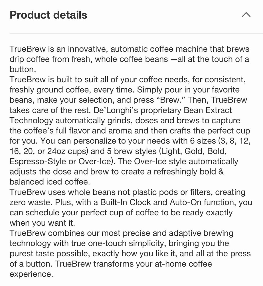 De'Longhi TrueBrew Automatic Coffee Maker, Burr Grinder, Black Matte *NEW*
