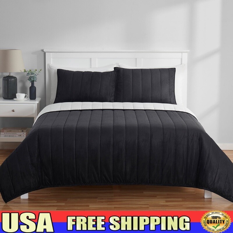 Solid Black Corduroy King Quilt Reversible Soft Microfiber Machine Washable New