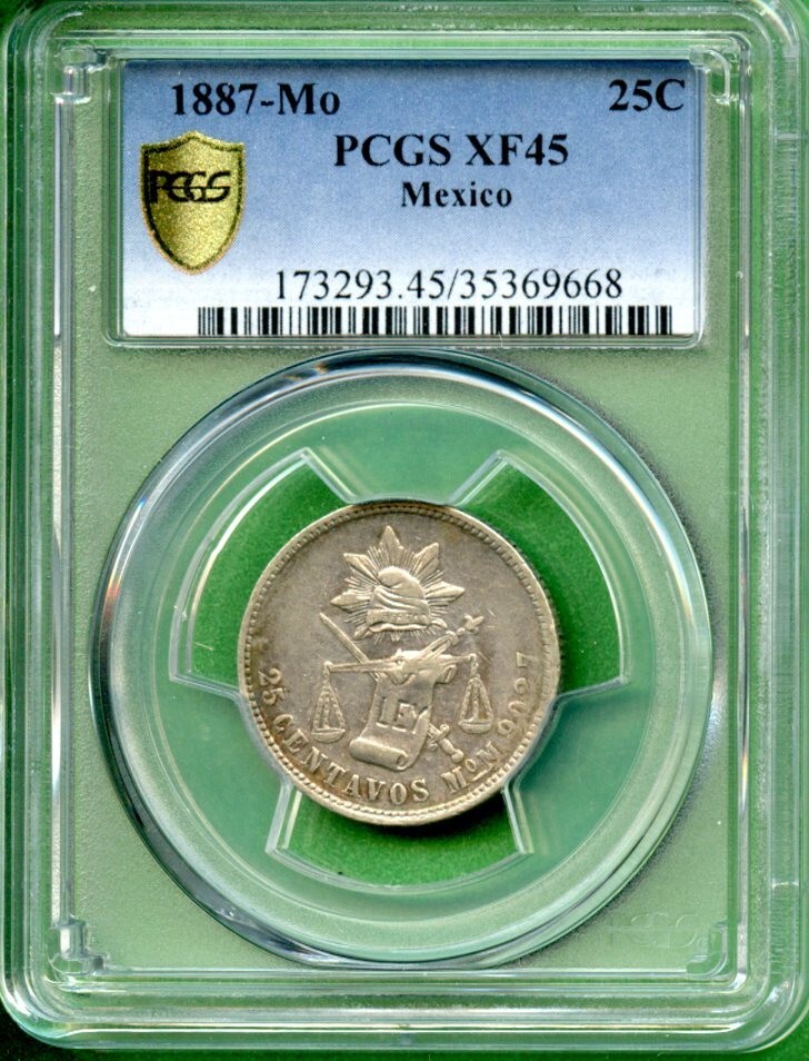 1887 Mo    MEXICO  25 CENTS    PCGS XF 45   SILVER