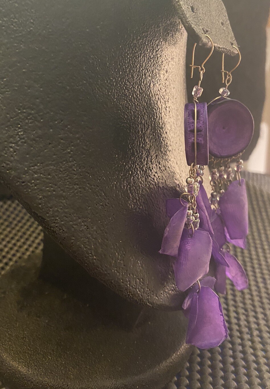 Artisan Purple Scales Leaf Shape On Round Sea Life Discs Dangle Beaded Earrings