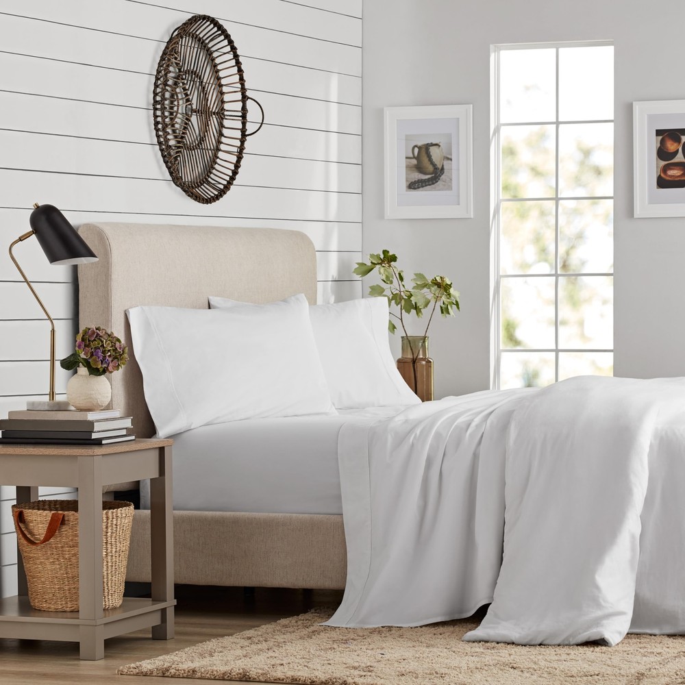 100% Cotton Sheets White Queen Bed 400 Thread Count Percale Weave Cooling She...