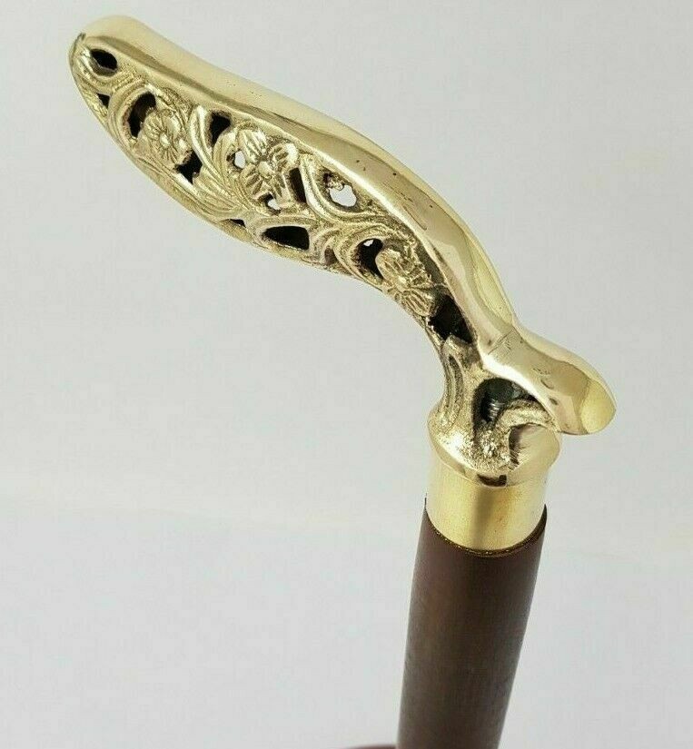 New Engraved Solid Brass Designer Leaf Head Handle Wooden Walking Stick Handmade