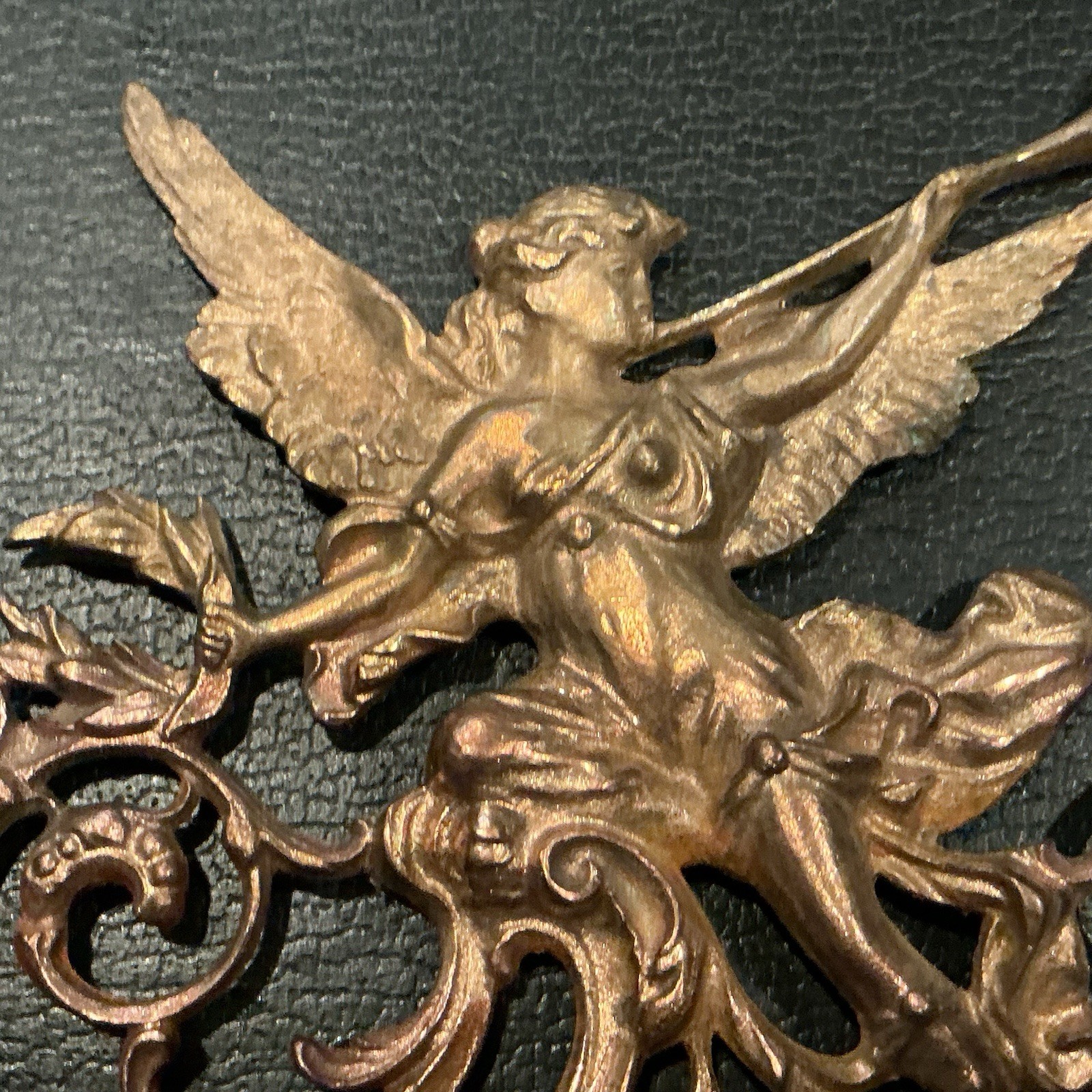 Antique Brass Angel With Trumpet Furniture Mount, Embellishment, Ormolu