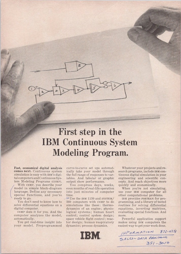 IBM Original 1966 Print Ad Continuous System Modeling Program