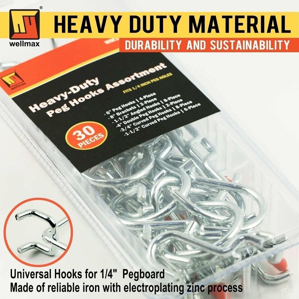 Wellmax 30pc Heavy Duty Pegboard hooks Set, Peg Board Hook Assortment and...