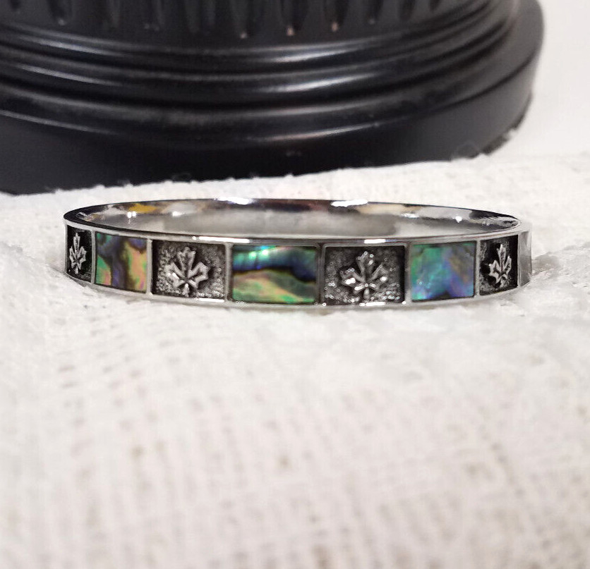 Vintage Signed M Bangle Abalone Shell Inlay Silver Tone Maple Canada Leaf 2-1/2"