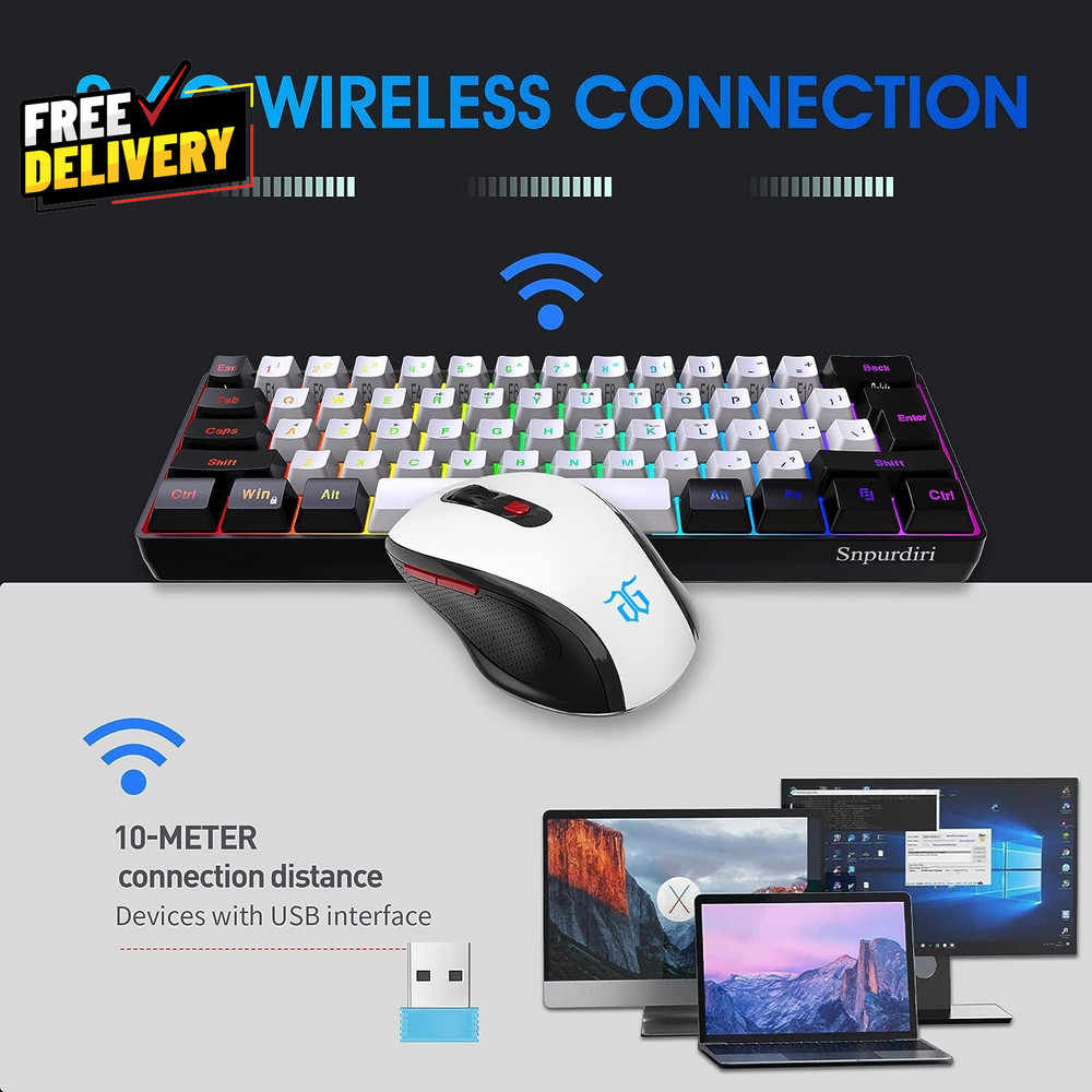 2.4G Wireless Gaming Keyboard and Mouse Combo Include Mini 60% Merchanical......