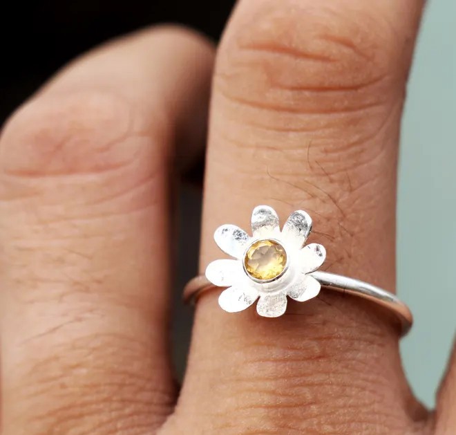 Solid 925 Sterling Silver Flower Yellow Citrine Gemstone Handmade Floral Ring