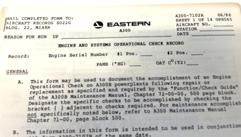 VTG Eastern Airlines Airbus A300 Engine & Systems Operational Check Record Form