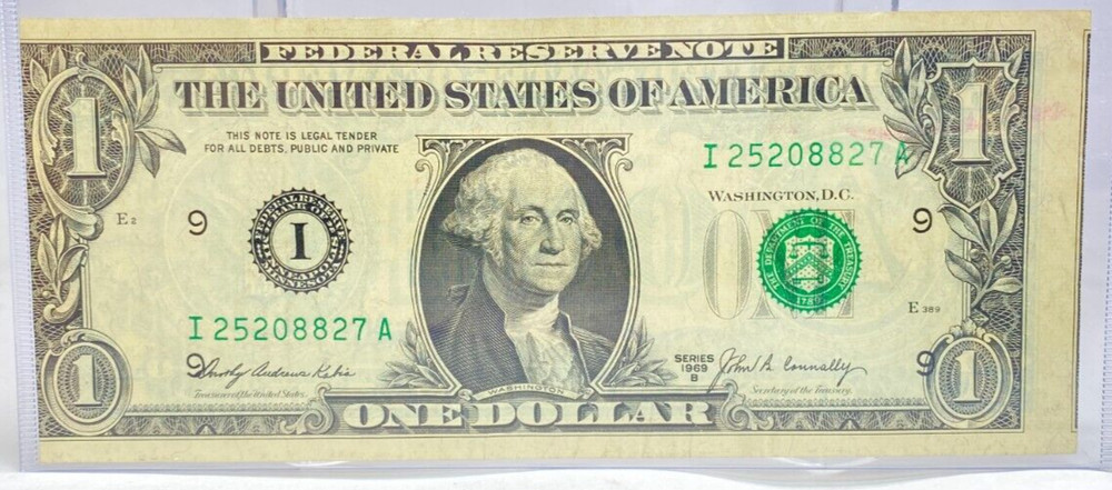 1969B One Dollar Error Note- Dramatic Misaligned Misprint, Crisp and Clean