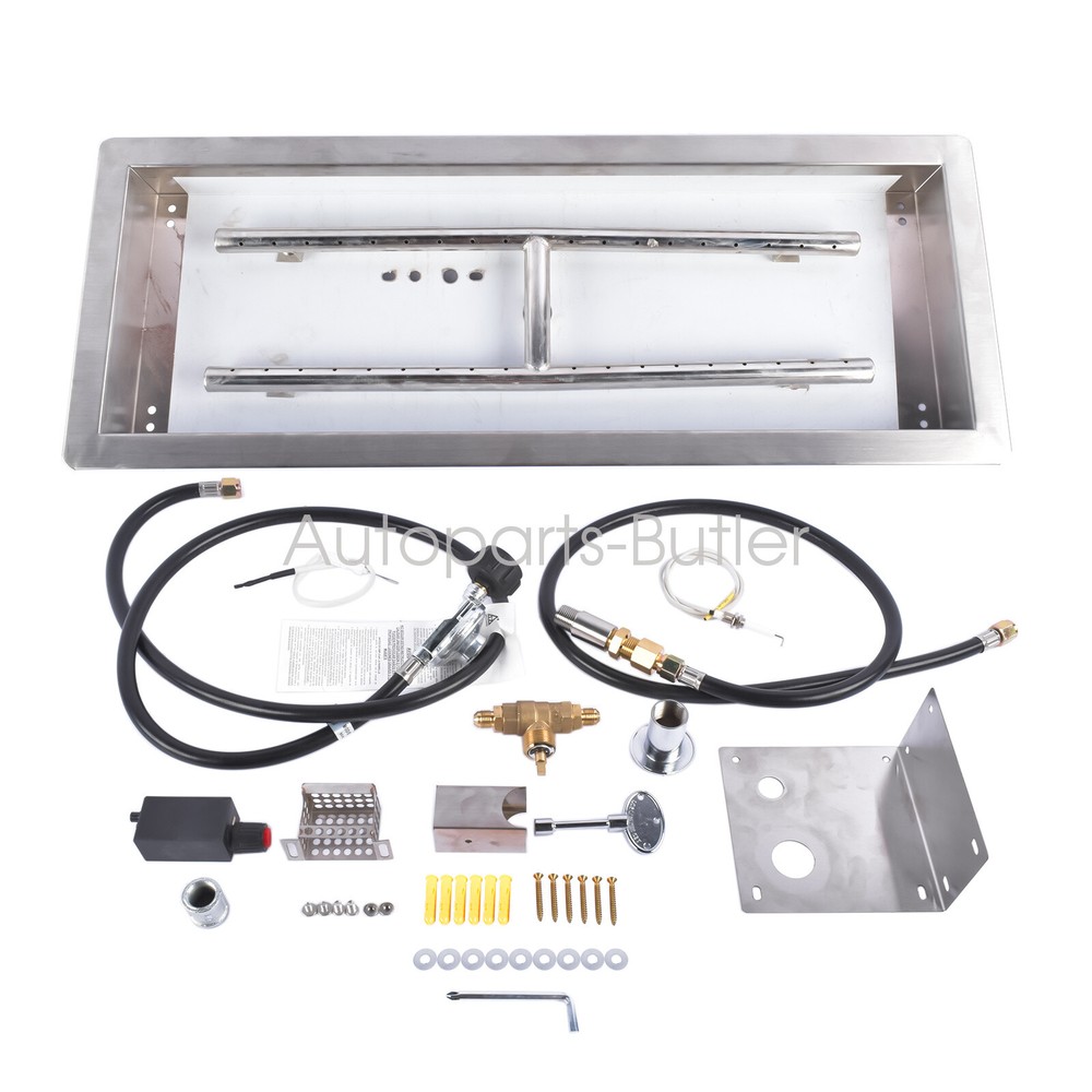 Rectangular Fire Pit Burner Kit Drop-in Propane Gas Burner w/Spark Ignition&Hose