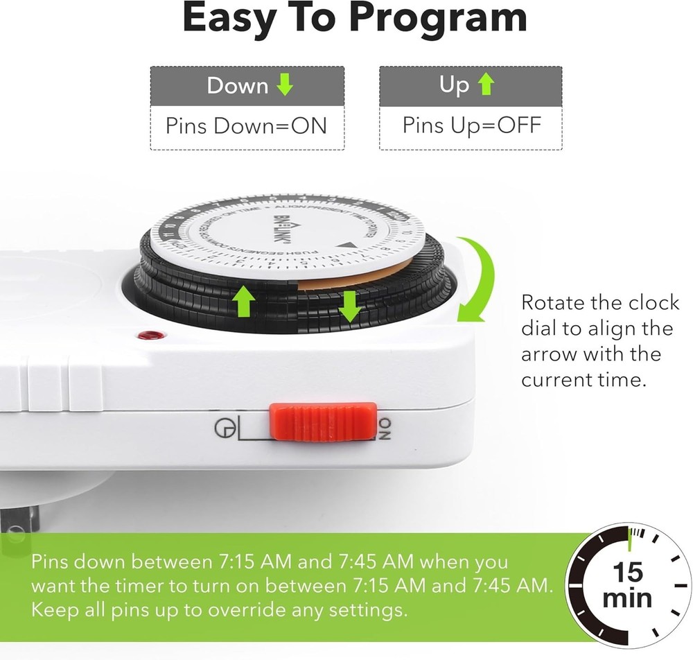 Grounded 24-Hour Plug-In Timer for Efficient Lighting & Appliance Automation