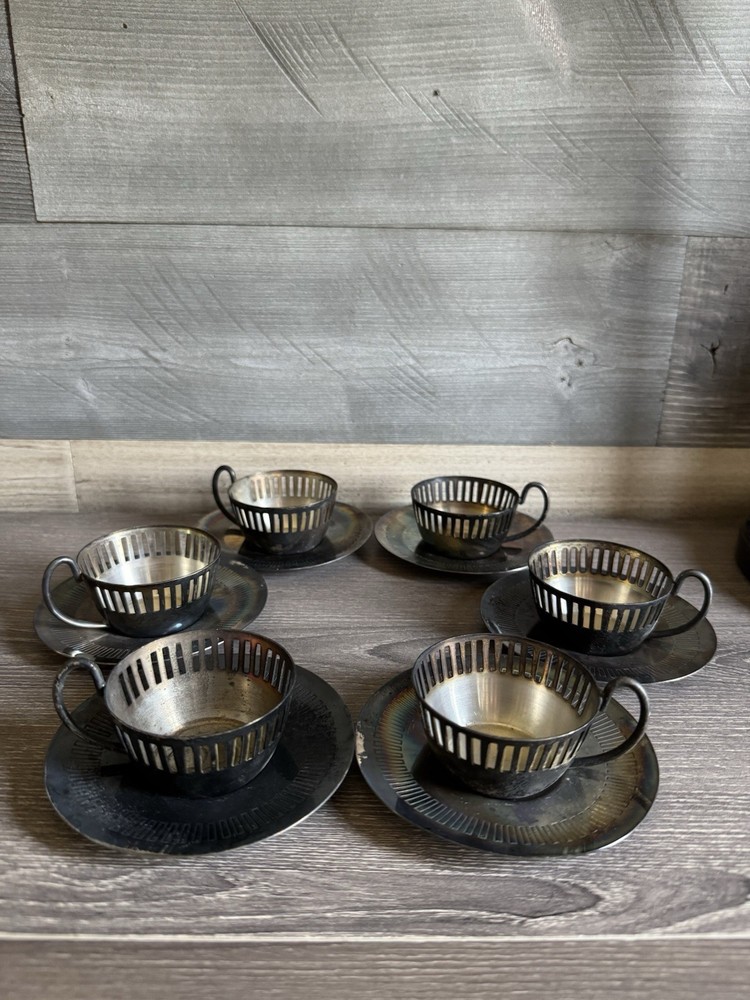 VTG Silver Plate Prata 90 Wozel Tea Cup Holders & Saucers Made In Brazil Set 6