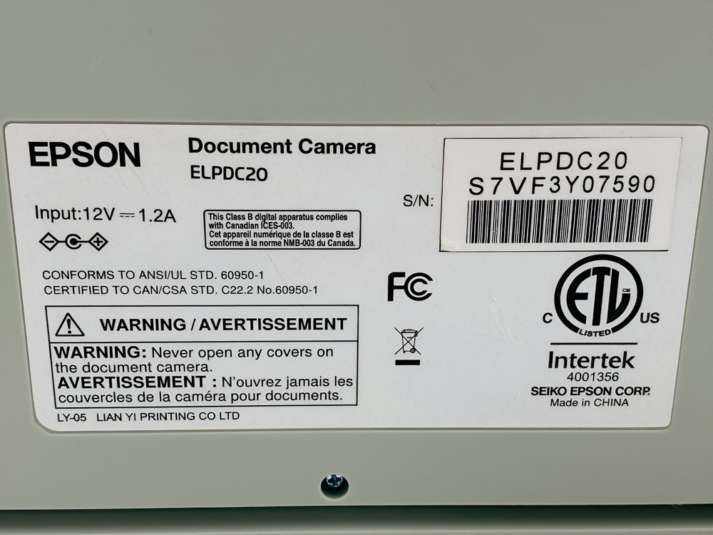 Epson ELPDC20 Digital CMOS Document Camera Visualiser USB 2.0 HDMI No AC Adapter