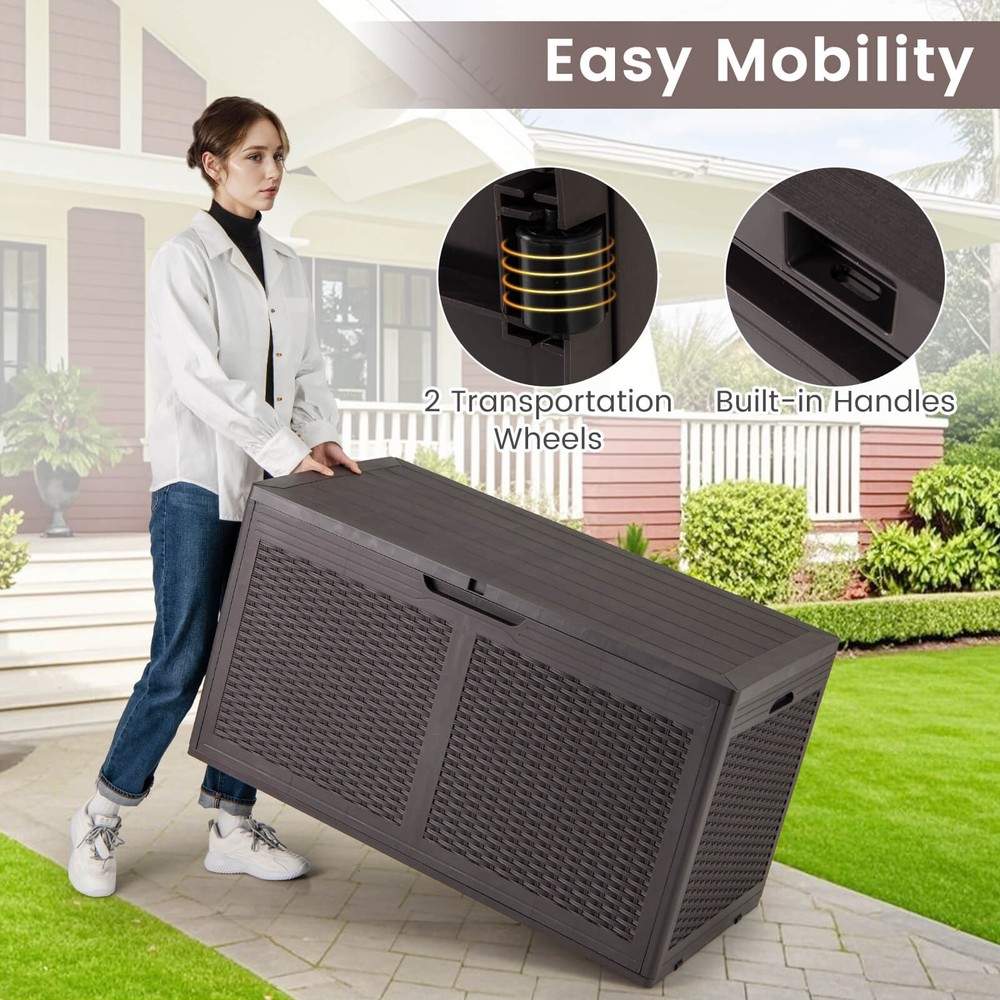100 Gallon Resin Deck Box with Lockable Lid Wheels for Pool Accessories
