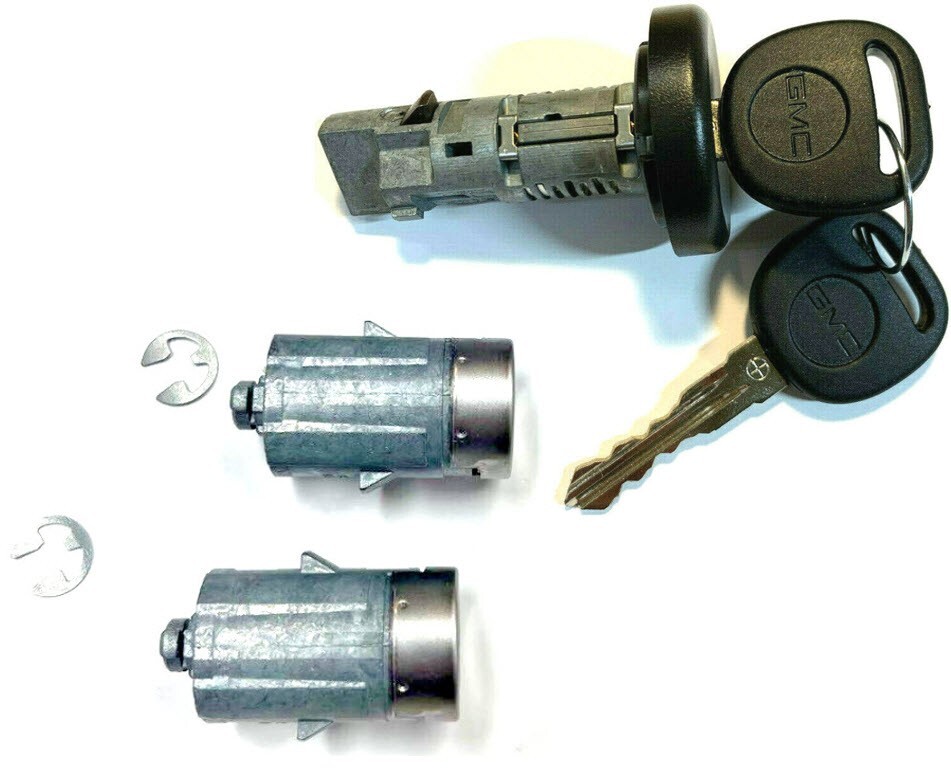GM OEM Ignition Lock Cylinder + Pair Door Lock Cylinders W/2 GMC Chip Logo Keys