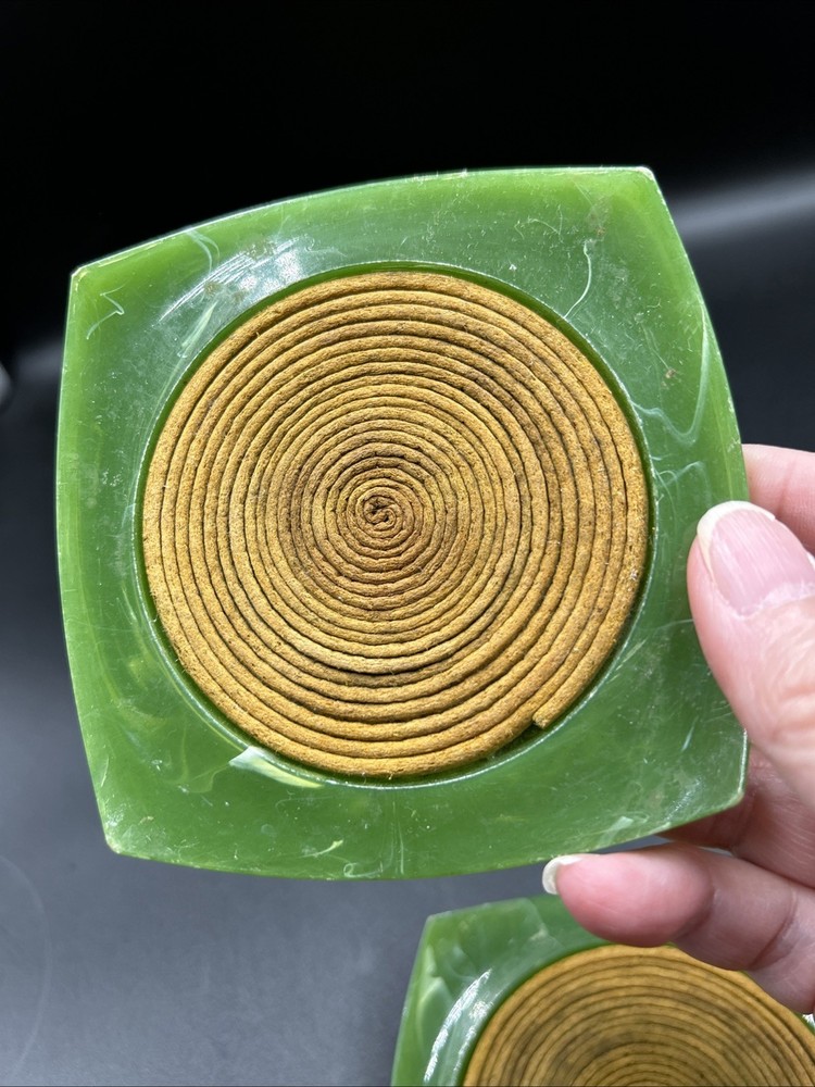 Vintage Green Bakelite Coasters 5 Pc Coiled Rattan