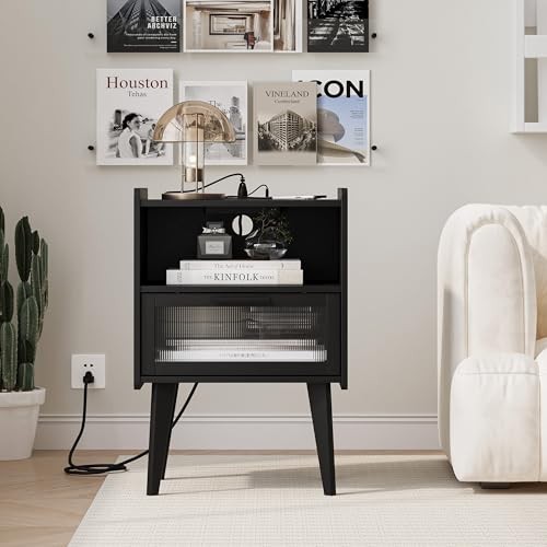 Nightstand with Charging Station, Bedside Tables, End Table Side Table 1 Black