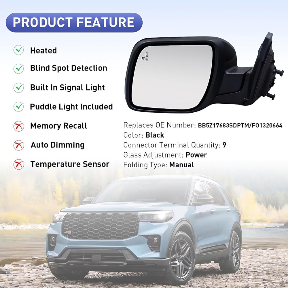 Driver Side Mirror Compatible with Ford Explorer 2011-2019 with Blind Spot Light