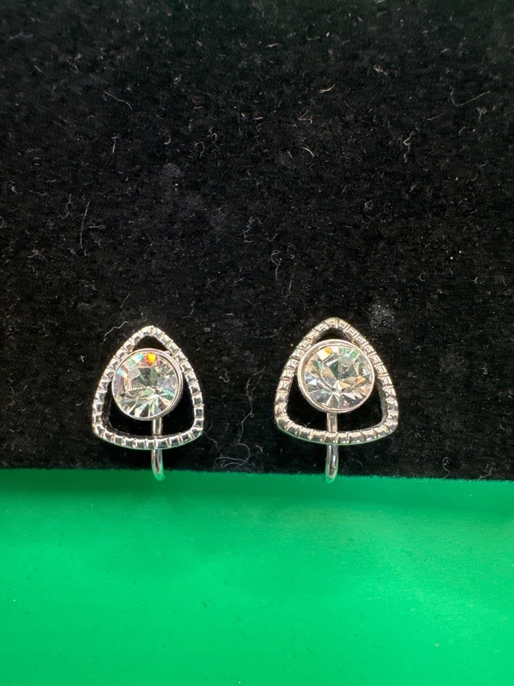 Silver Clip-On Earrings With Clear Crystals & Triangular Design