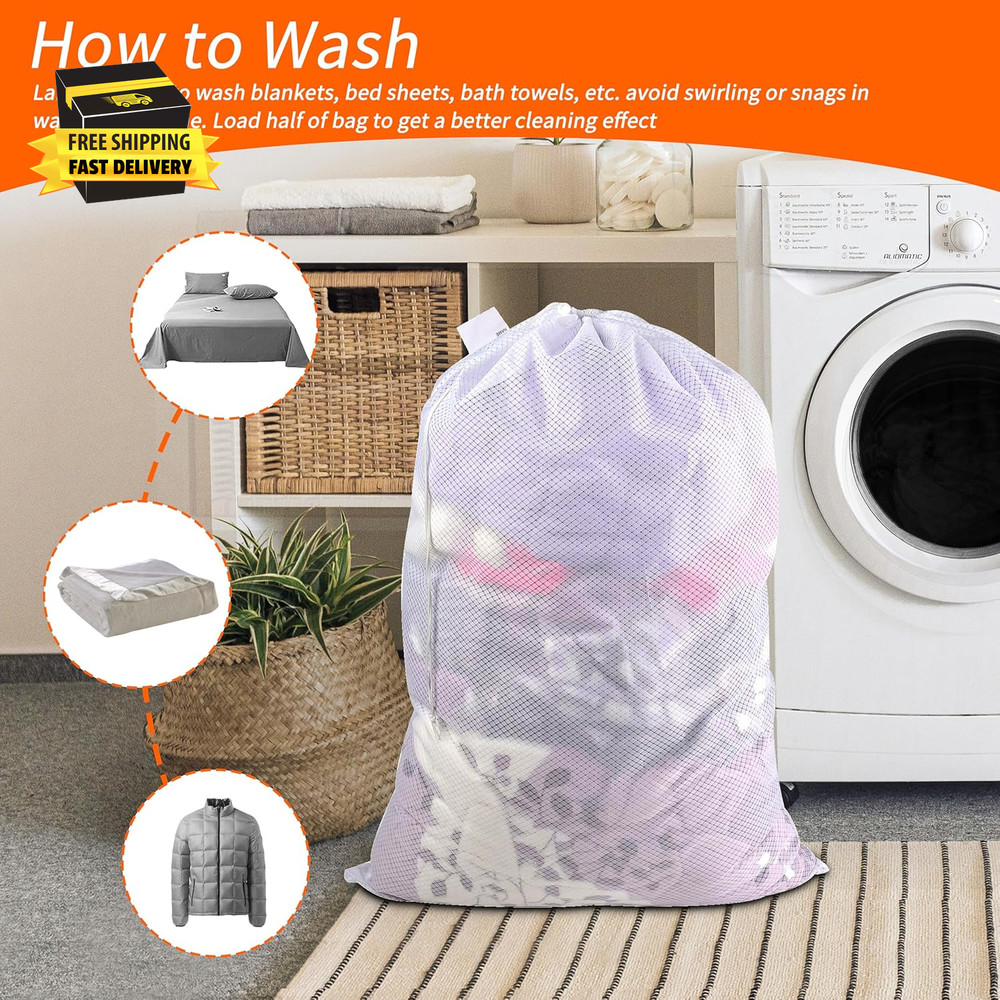 Extra Heavy Duty Large Diamond Mesh Laundry Bags with Drawstring Closure & ID Ta