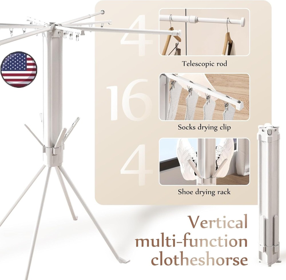4-Legged Clothes Drying Rack Foldable, Portable Laundry Drying Rack w/ Sock Clip