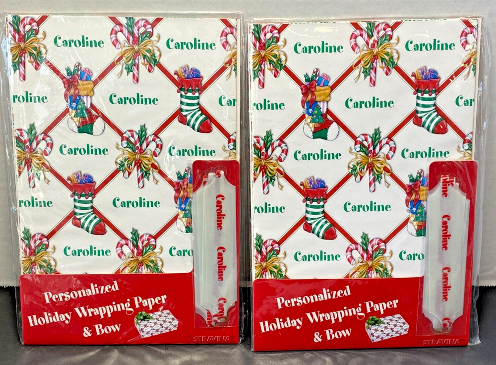 CAROLINE Personalized Holiday Gift Wrap, Christmas Wrapping Paper with Pull Bow